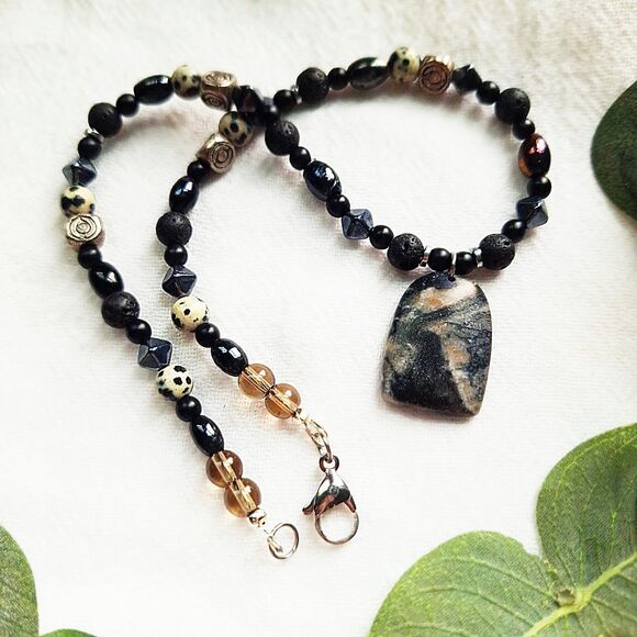 Beaded Jasper Pendant Necklace, Boho Grunge Necklace, Hippie Goth Choker - Picture 6 of 9